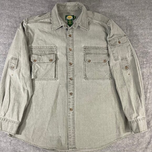 Cabelas Mens XL Safari Button Up Zip Pockets Utility Shirt Olive Hunting Roll up - Picture 1 of 10